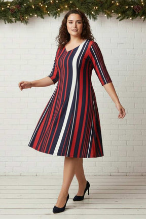 Plus Size Red Blue Striped A line Dress
