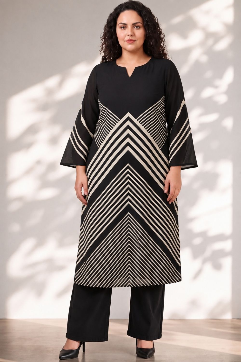 Buy Plus Size Black Chevron Stripes Print Georgette Kurta