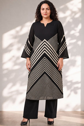 Plus Size Black Chevron Stripes Print Georgette Kurta
