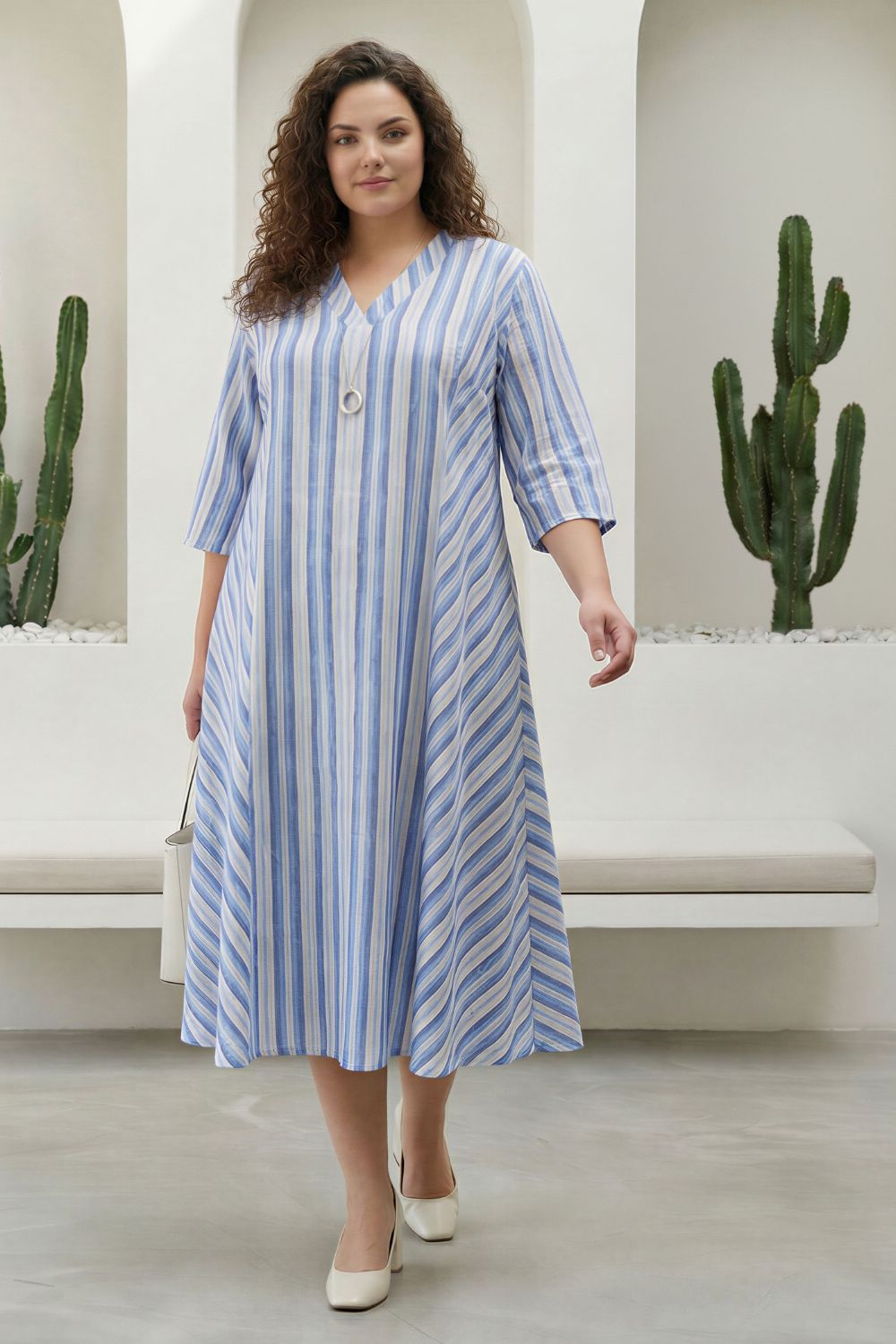 Plus Size Blue Stripe Print Cotton Midi Dress