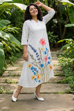 Plus Size White Floral Printed A-Line Midi Dress