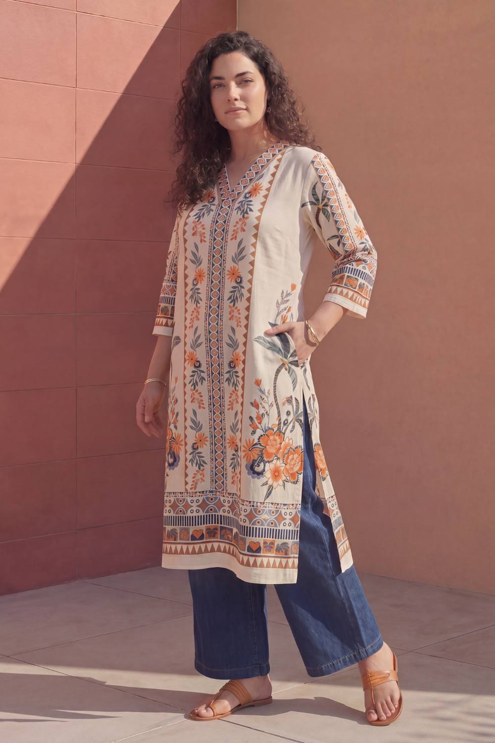 Comfortable Plus Size Boho Floral Print Cotton V-Neck Kurta