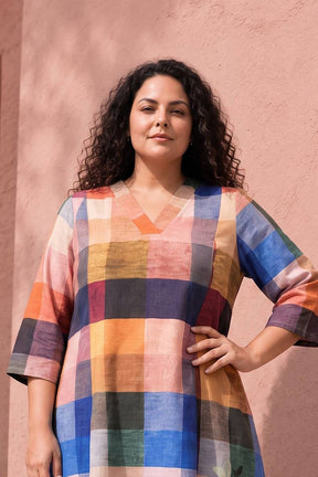 Plus Size Floral Check Printed A-Line Midi Dress