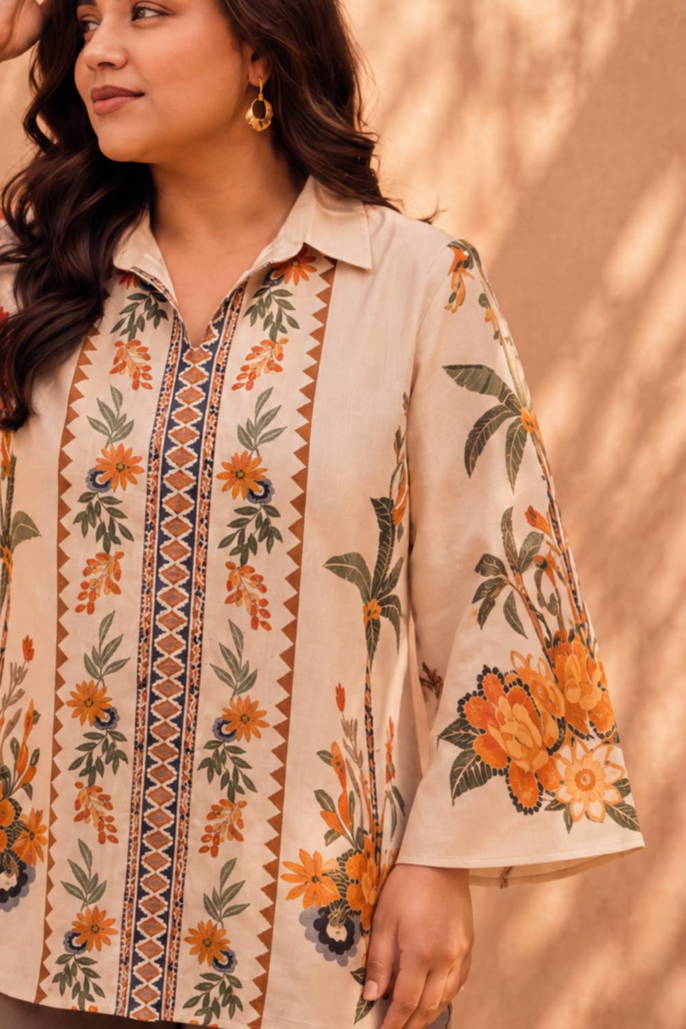 Plus Size Boho Floral Panel Print Cotton Top for Women