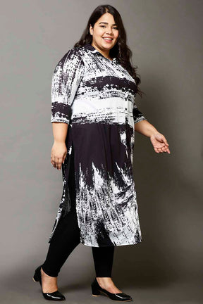 Plus Size Black Abstract Print Kurta Cum Shrug