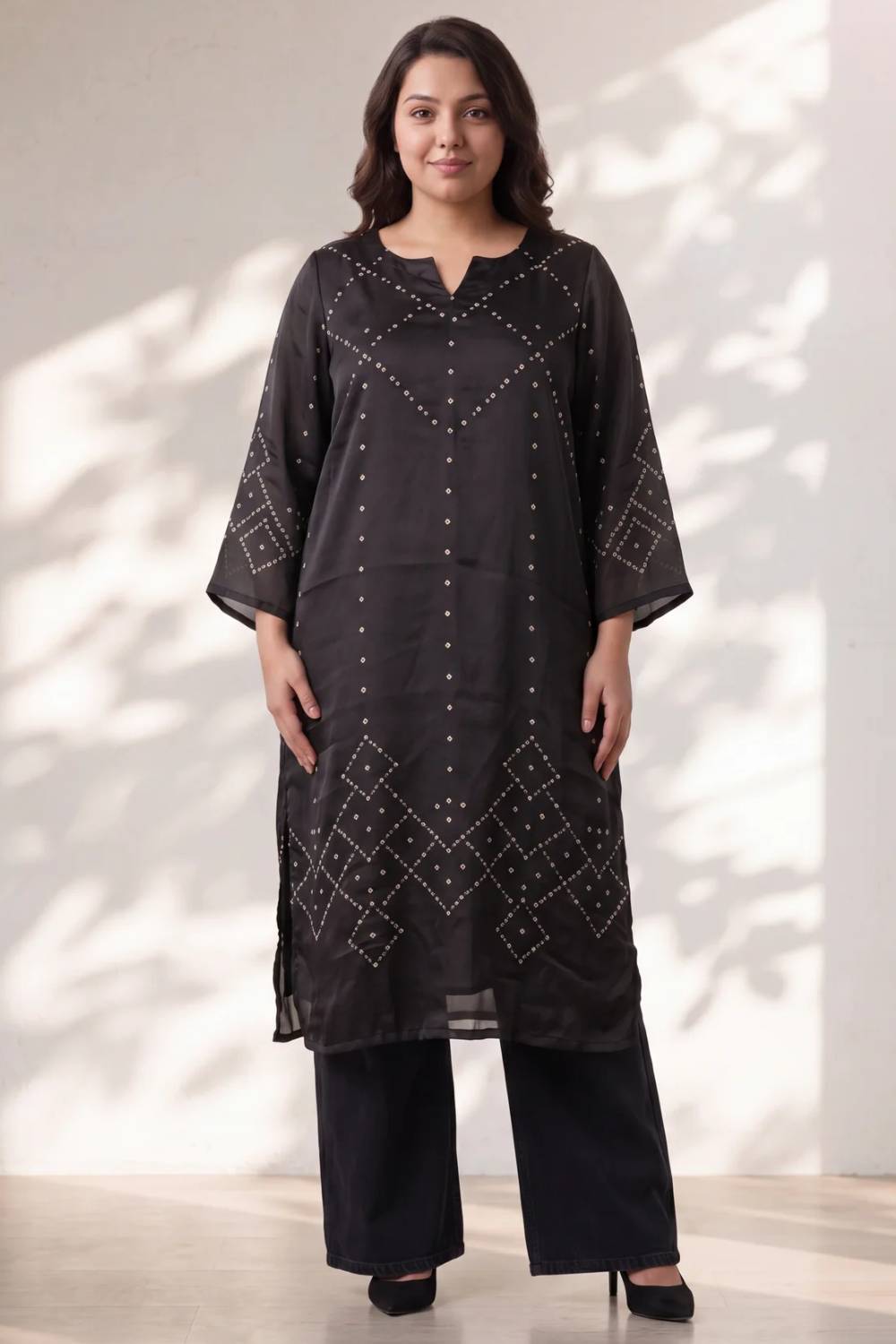 Plus Size Black Bandhej Print Satin Georgette Kurta