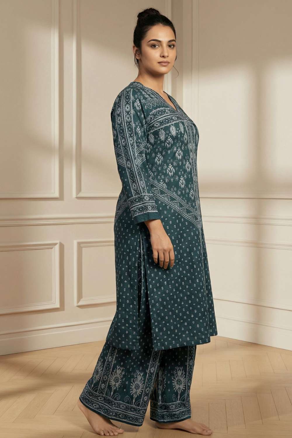 Plus Size Teal Printed SnugWeave™ Winter Kurta Coord Set