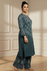 Plus Size Teal Printed SnugWeave™ Winter Kurta Coord Set