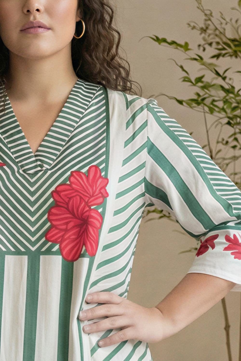 Plus Size Green Stripe Floral Print Cotton Midi Dress for Women