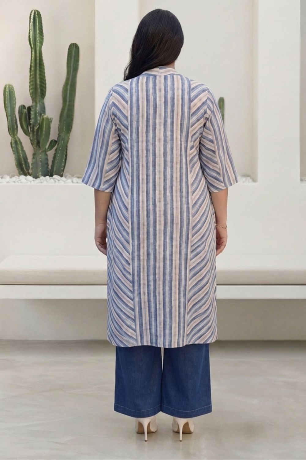 Plus Size Blue & Beige Striped Cotton V-Neck Kurta