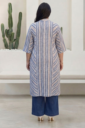 Plus Size Blue & Beige Striped Cotton V-Neck Kurta
