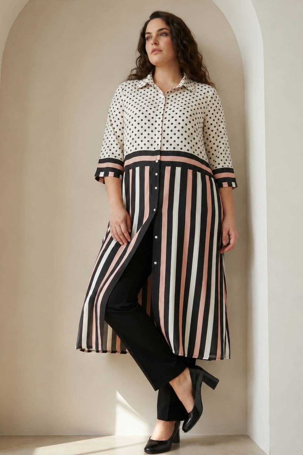 Black Luxe Polka Stripes Kurta Cum Shrug
