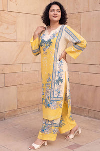 Plus Size Yellow Floral Print Cotton Kurta Coord Set