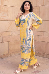 Plus Size Yellow Floral Print Cotton Kurta Coord Set