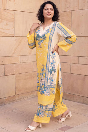 Plus Size Yellow Floral Print Cotton Kurta Coord Set