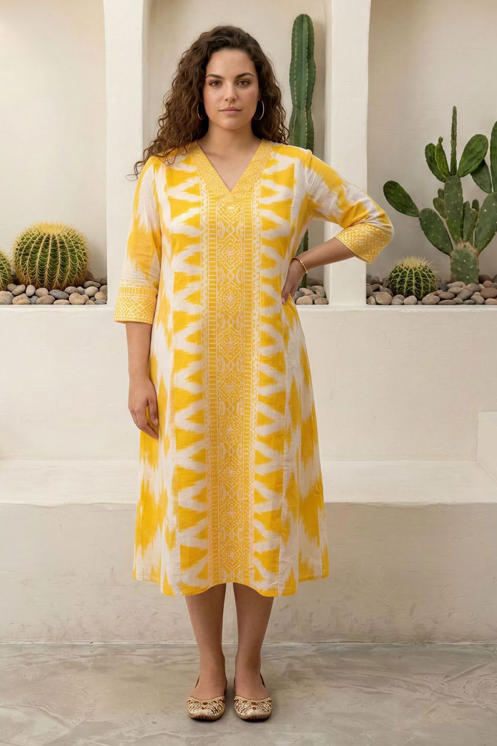 Plus Size Plus Size Yellow Ikat Print Cotton Midi Dress