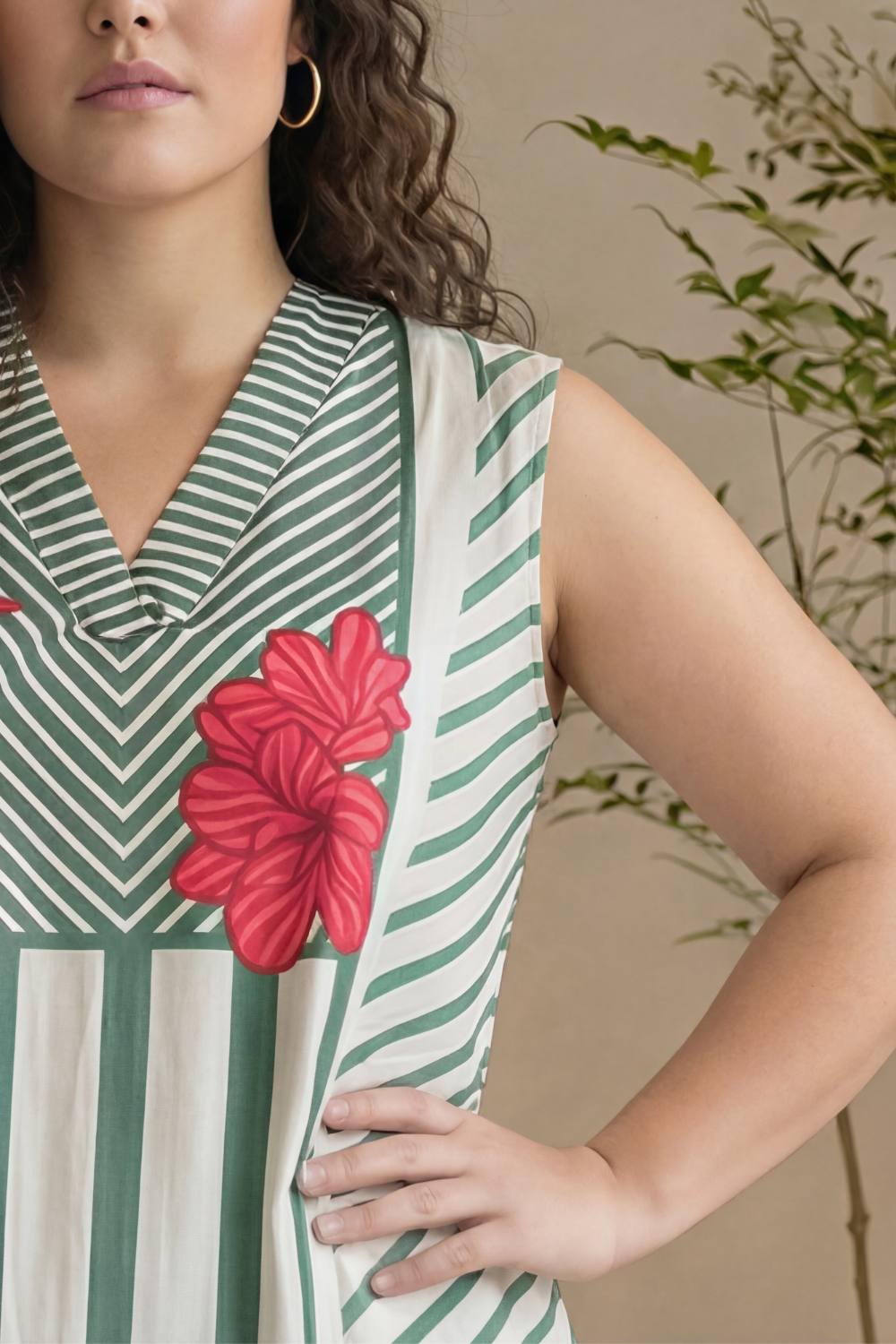 Plus Size Plus Size Green Stripe Floral Print Sleeveless Cotton Midi Dress
