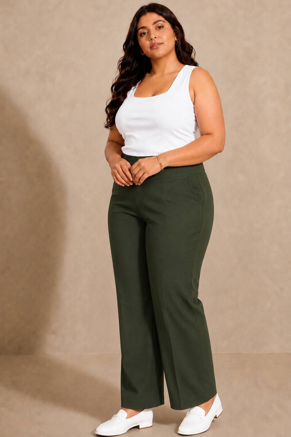 Olive Tummy Shaping Wide Straight Pants for Women
