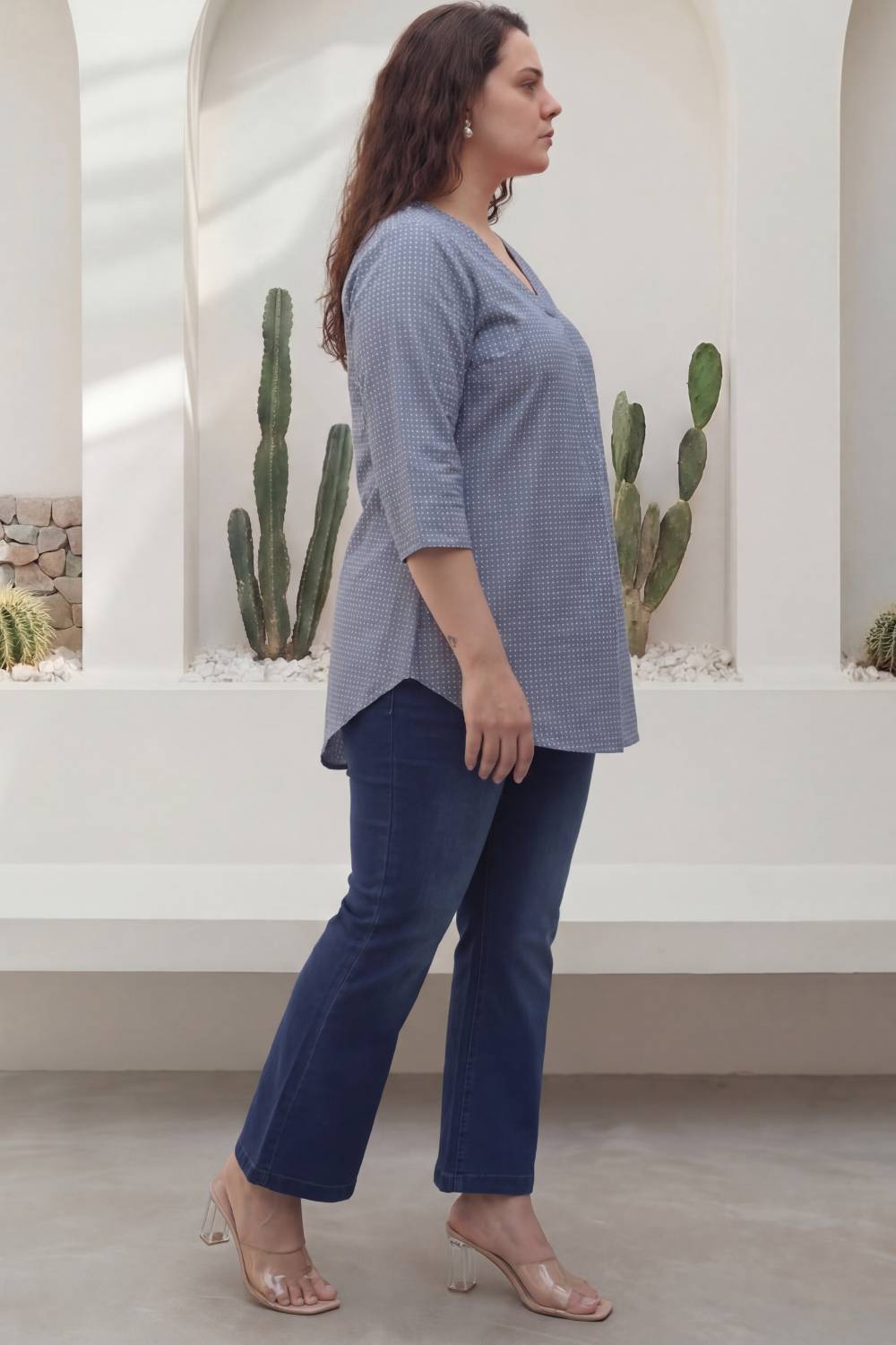 Plus Size Mid Blue Cross Weave Denim Cotton Top