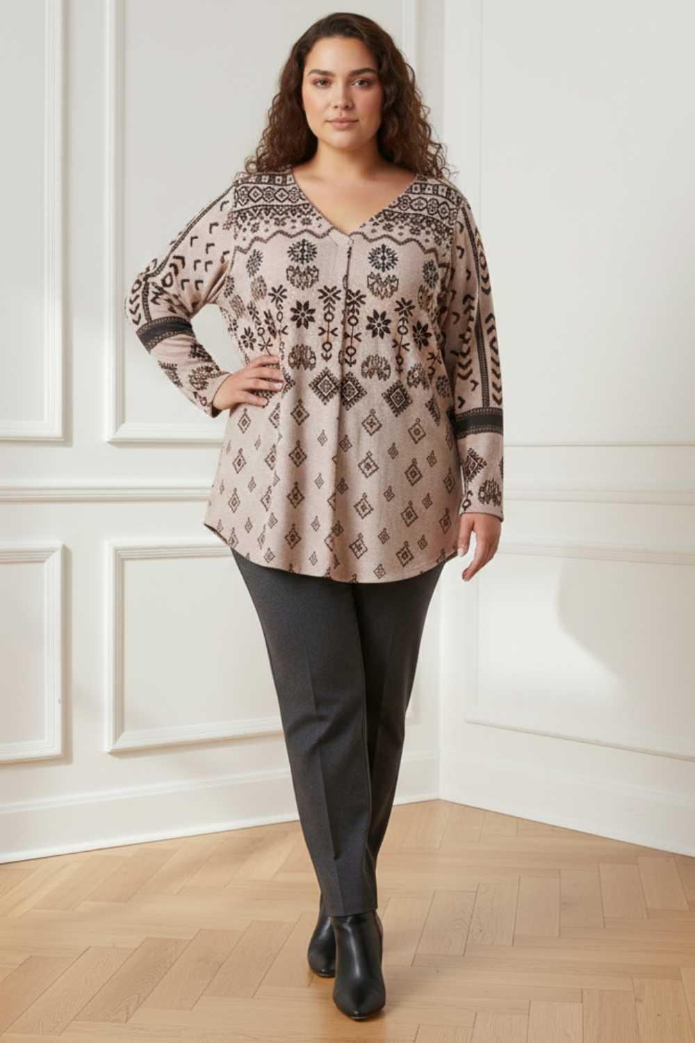 Plus Size Plus Size Beige Printed V Neck SnugWeave™ Winter Top