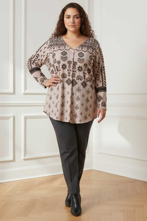 Plus Size Beige Printed V Neck SnugWeave™ Winter Top