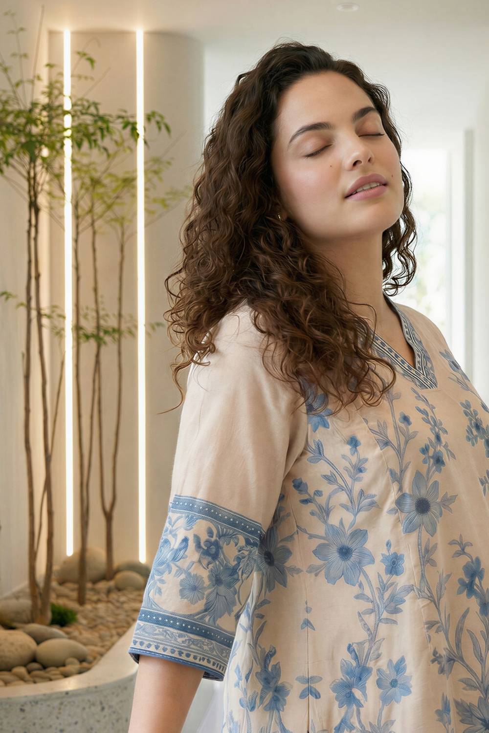 Buy Plus Size Beige Ethnic Floral Print Cotton Midi Dress