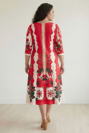 Plus Size Red Floral Printed A-Line Dress