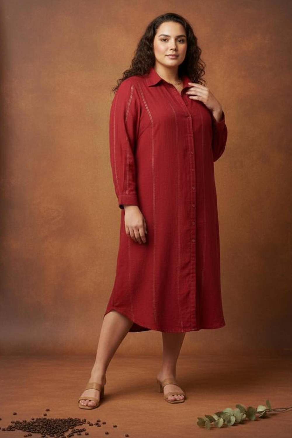 Plus Size Maroon Golden Pin Striped Shirt Dress