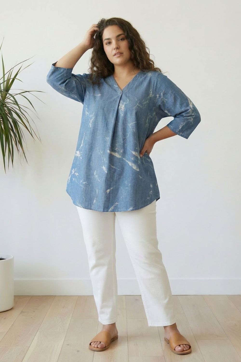 Plus Size Denim Cotton Top Marble Wash
