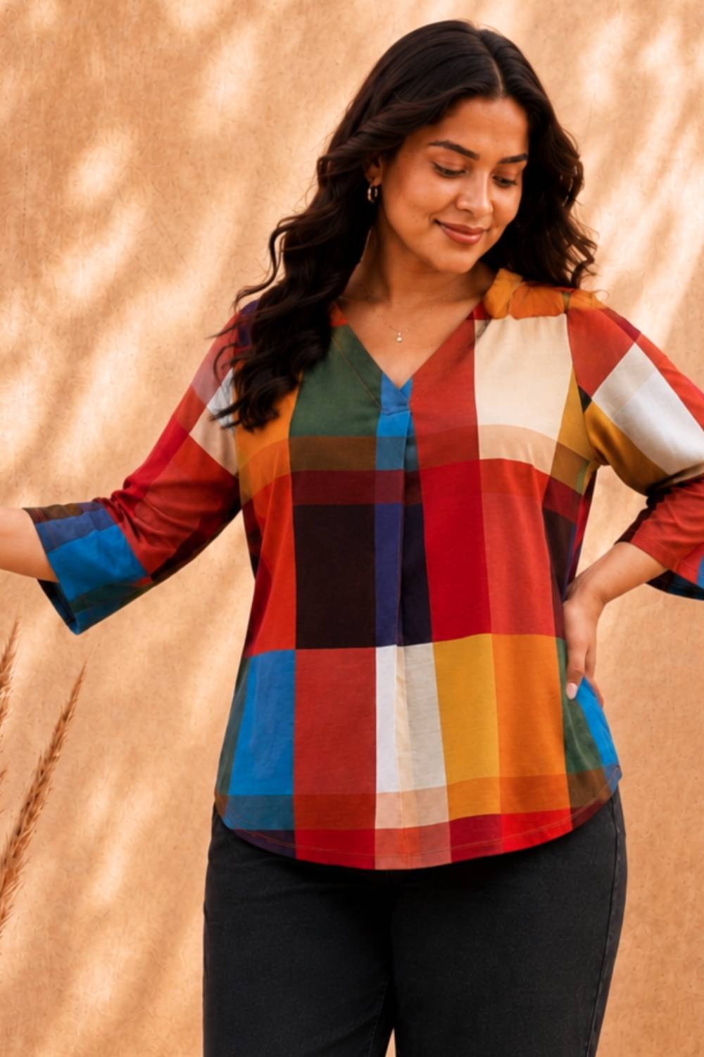 Buy Plus Size Checkered Breeze Print Top