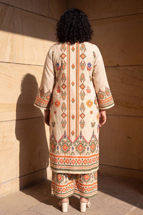 Plus Size Beige Ethnic Border Print Cotton Kurta Coord Set