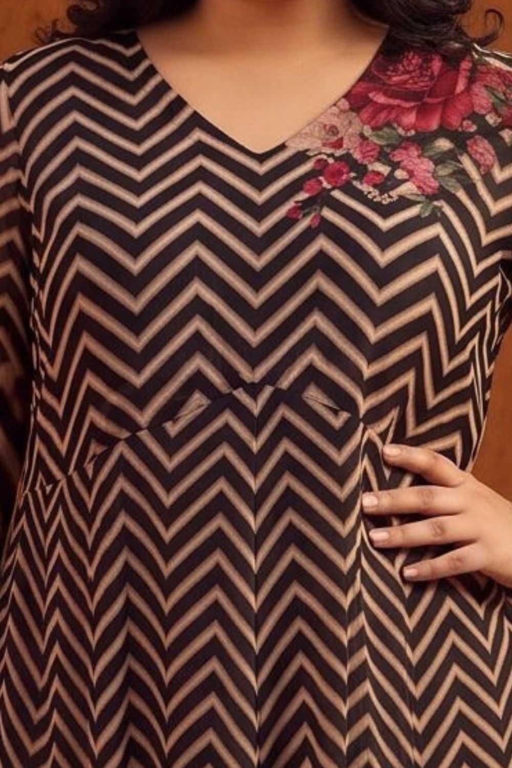 Comfortable Plus Size Black Rose Chevron Print Georgette Anarkali Dress