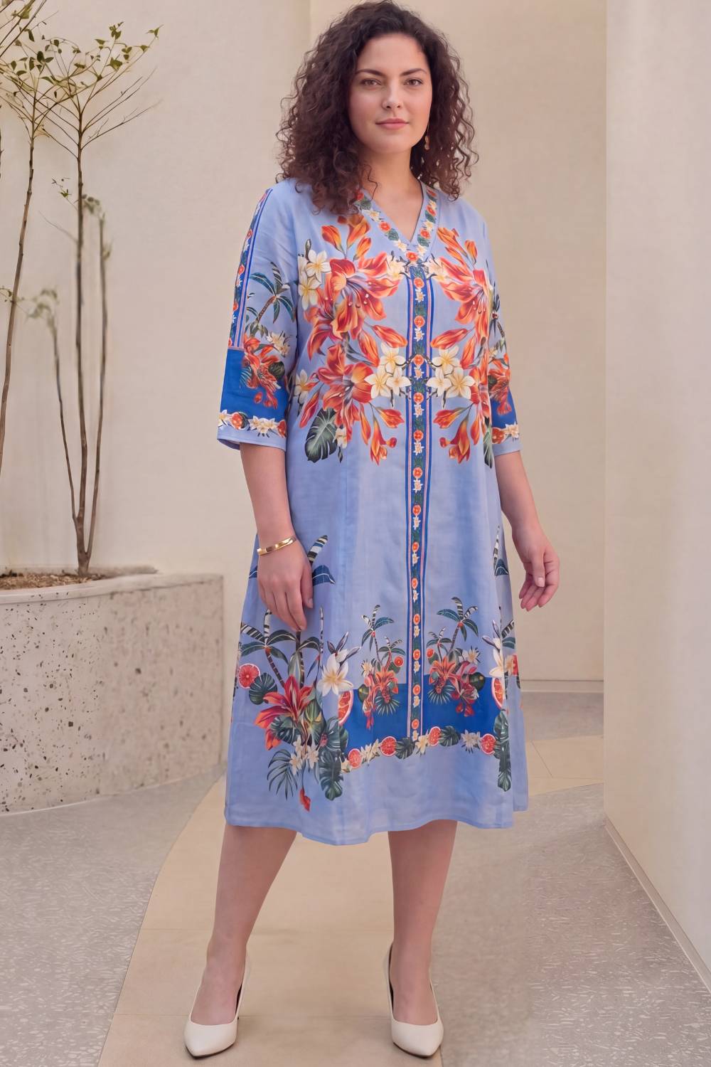 Tropical Bloom Plus Size Midi Dress for Women