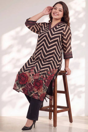 Plus Size Black Rose Chevron Print Kurta Satin Georgette Kurta
