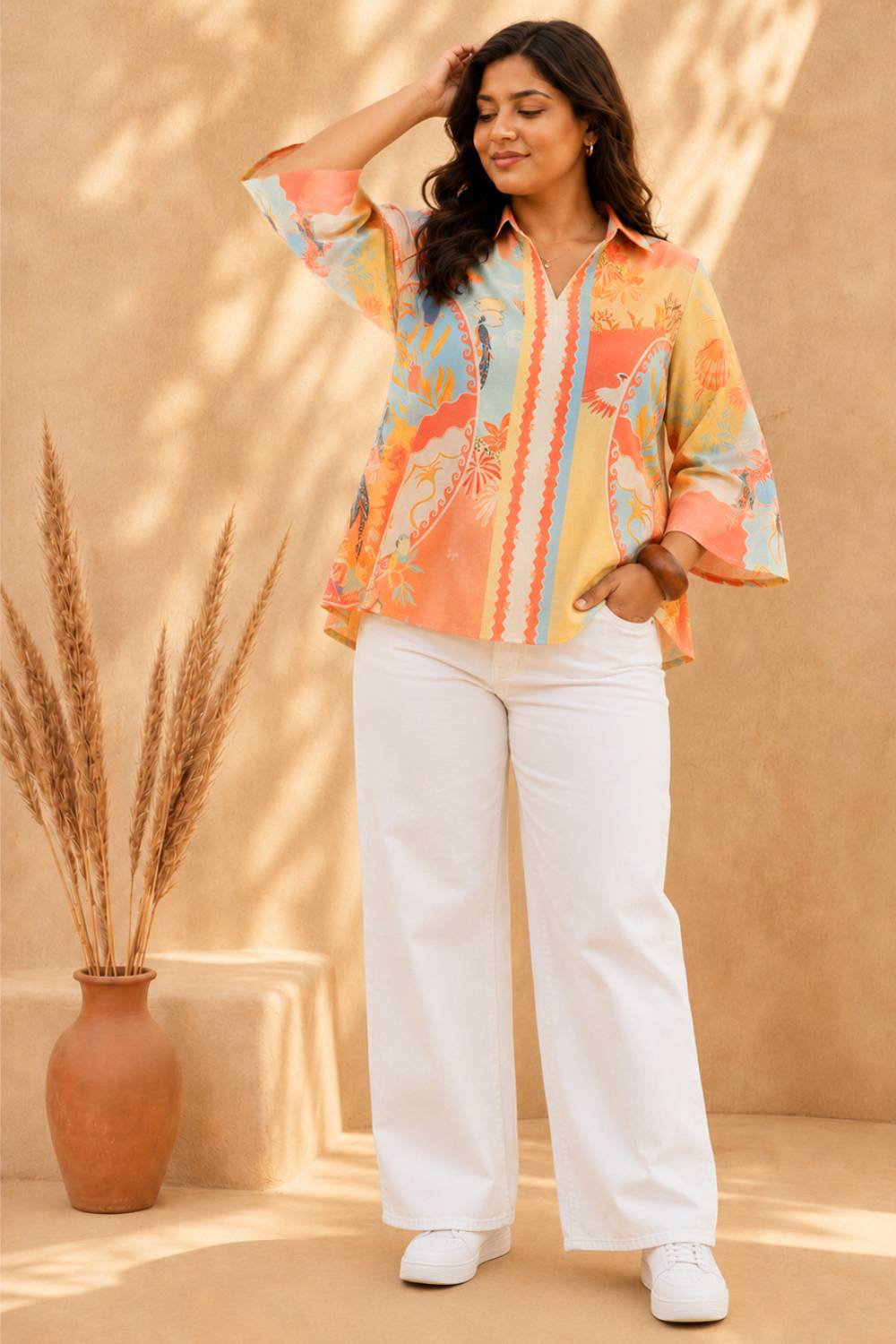 Plus Size Coral Breeze Printed Cotton Top for Women