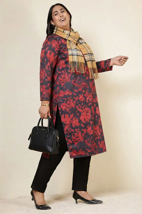 Plus Size Red Floral V Neck SnugWeave™ Kurta