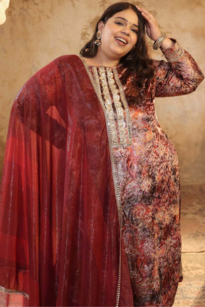 Plus Size Maroon Paisley Print Velvet Suit Set