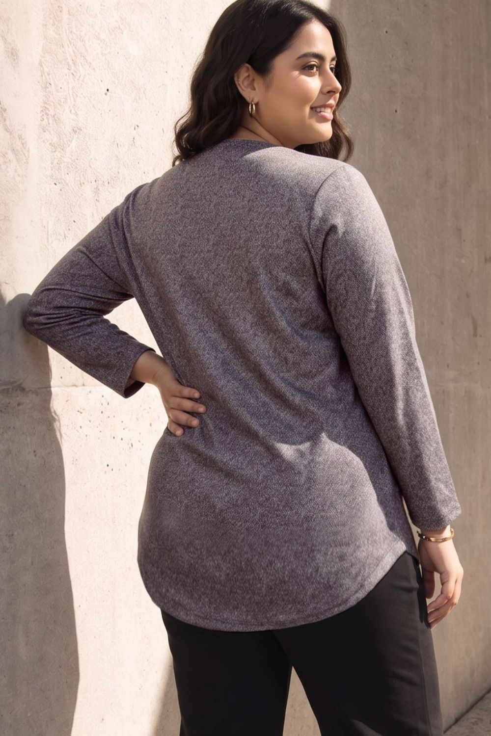 Plus Size Grey Melange  V Neck SnugWeave Winter Top for Women