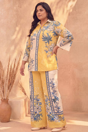 Plus Size Yellow Floral Printed Cotton Coord Set