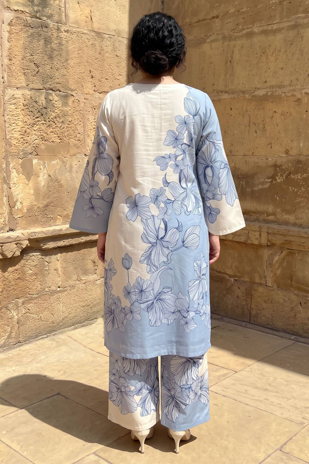 Comfortable Plus Size Blue Floral Print Cotton Kurta Coord Set