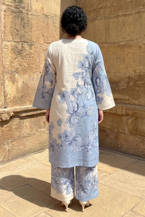Plus Size Blue Floral Print Cotton Kurta Coord Set