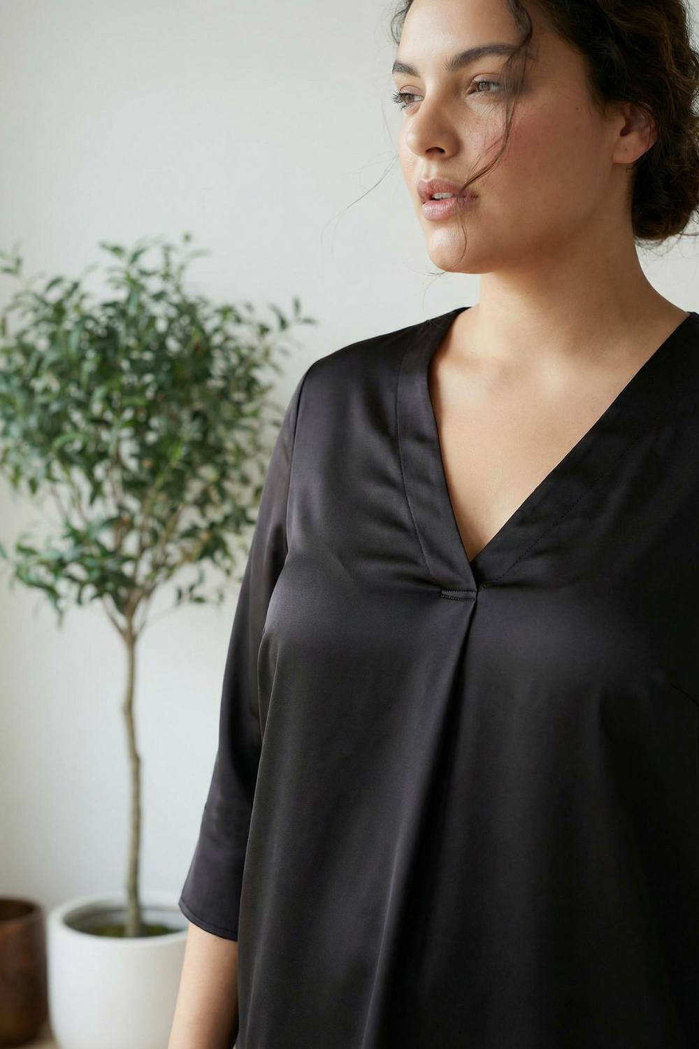 Plus Size Black Satin Centre Pleat Top