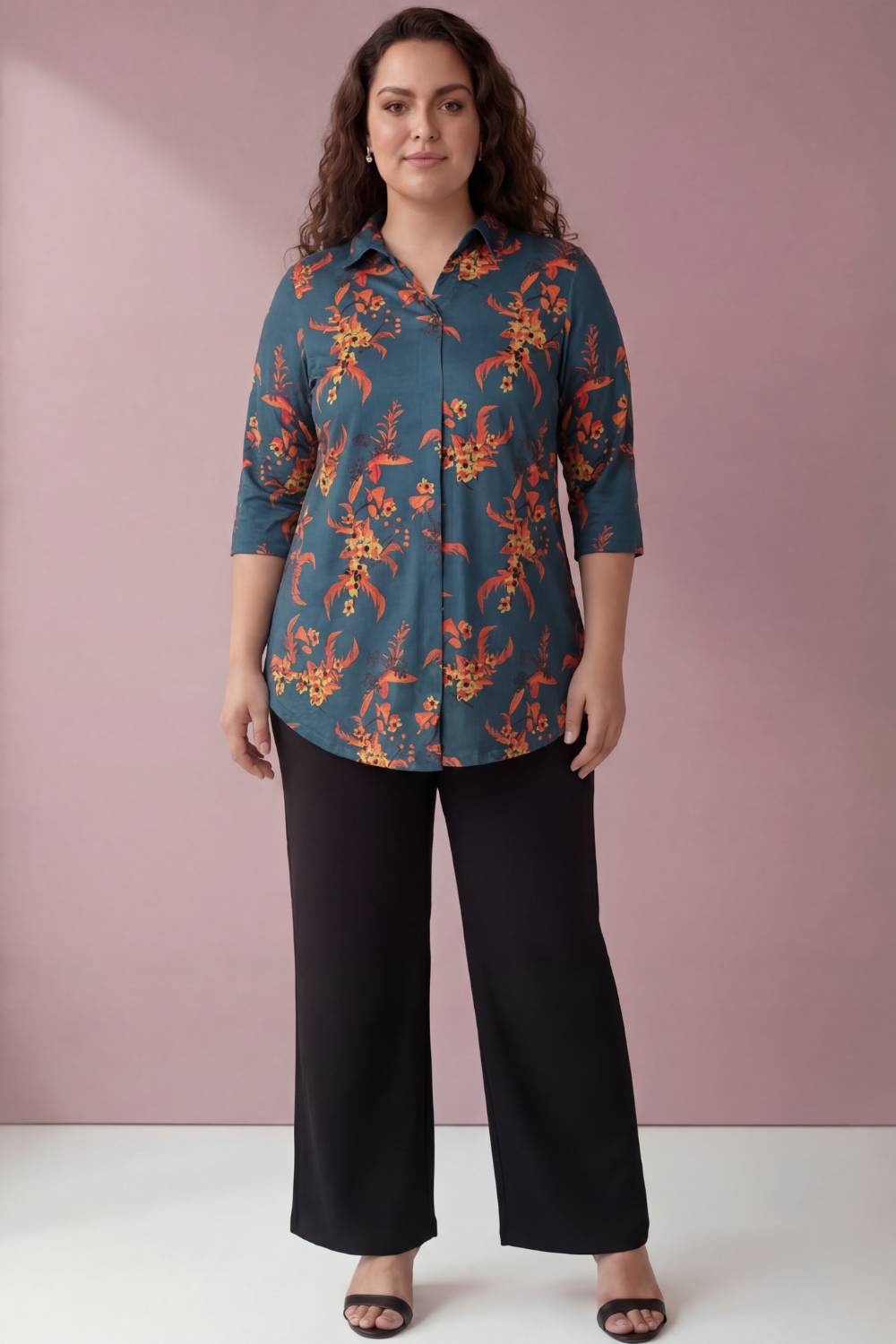 Teal Red Floral Centre Pleat Top