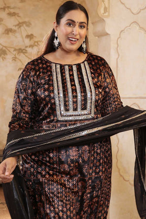 Plus Size Black Ethnic Printed Velvet Suit Set