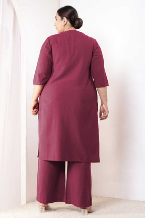 Plus Size Wine Cotton Linen Kurta Coord Set