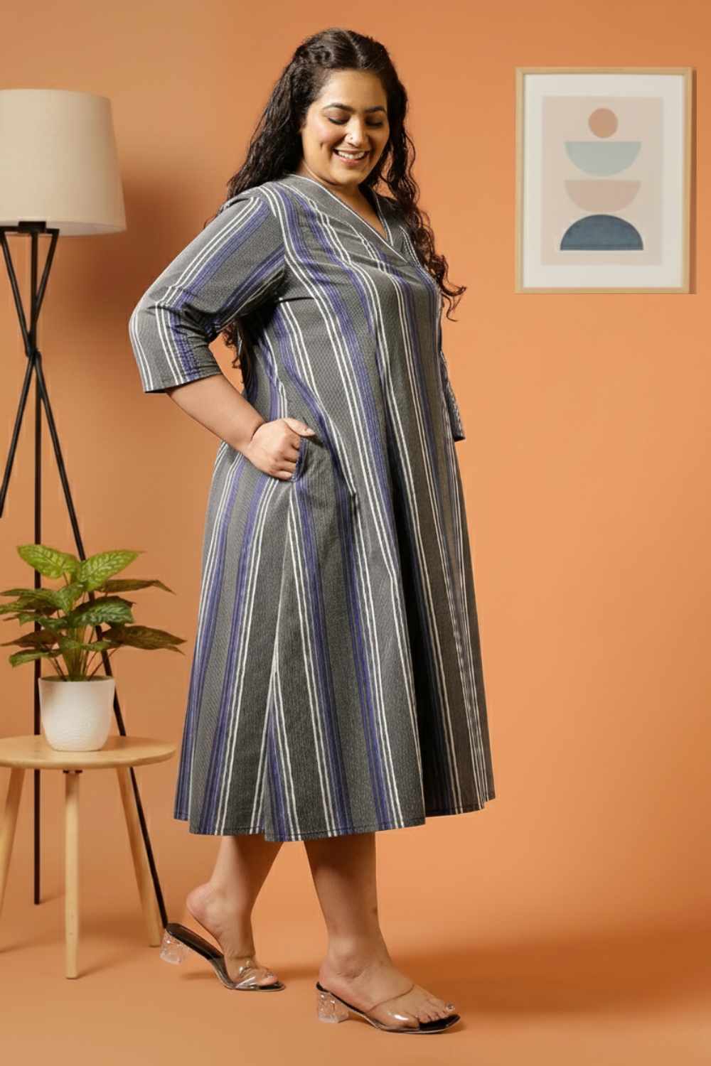 Plus Size Grey & Blue Striped Cotton Midi Dress