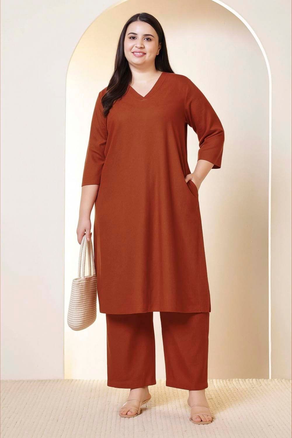 Plus Size Rust Brown Cotton Linen Kurta Coord Set