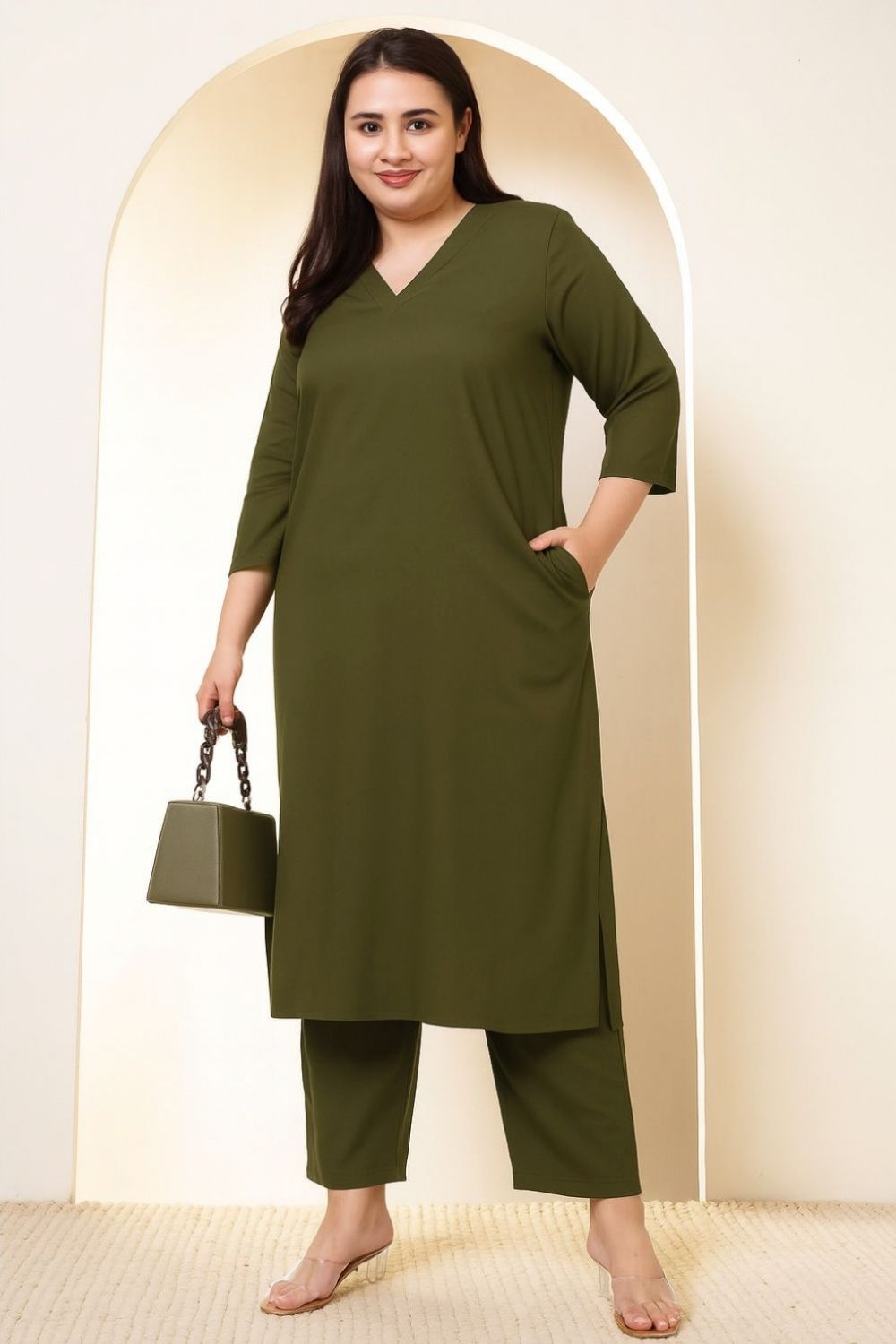 Plus Size Olive Green Cotton Linen Kurta Coord Set