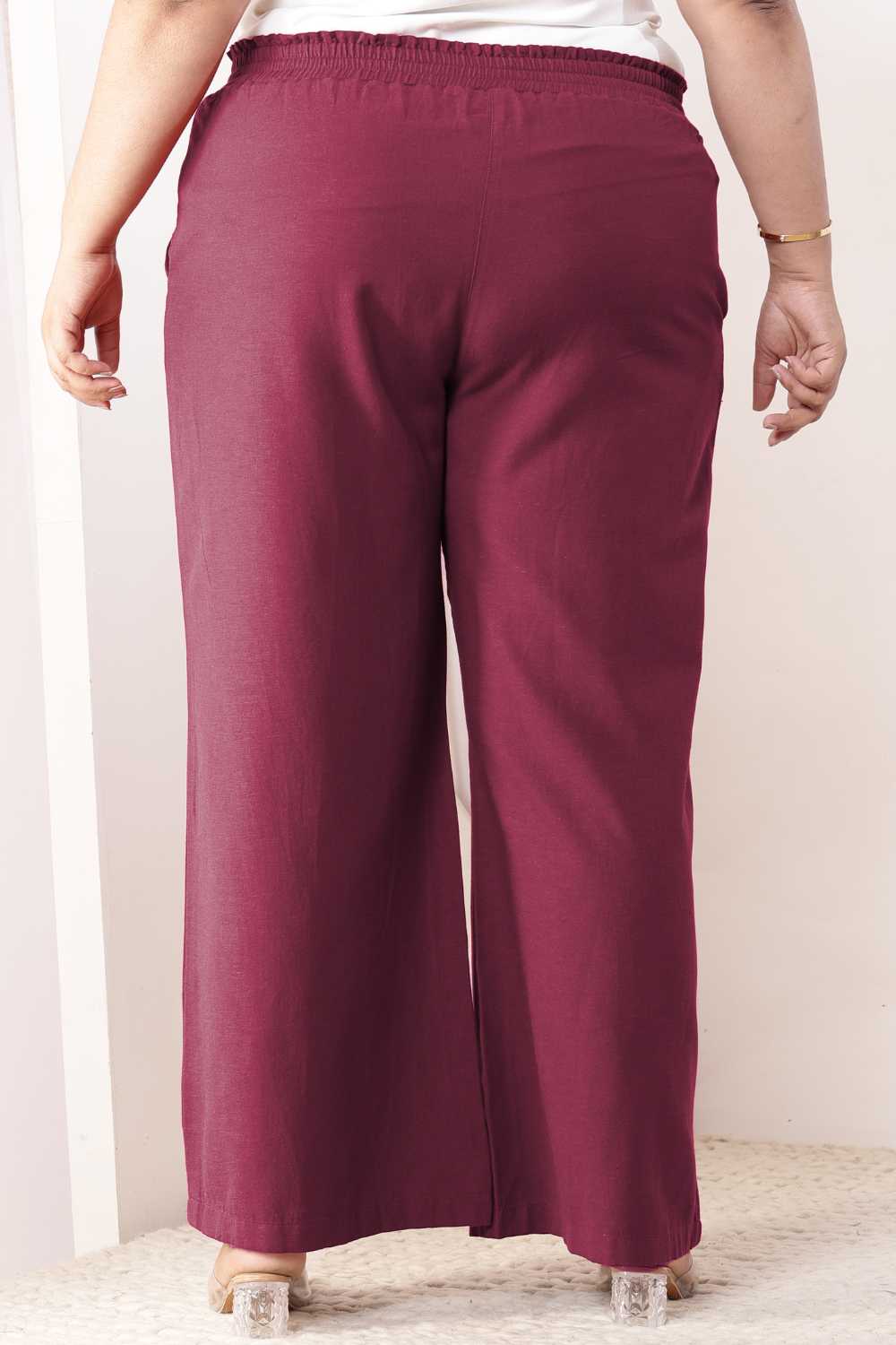 Plus Size Wine Cotton Linen Shirt Coord Set