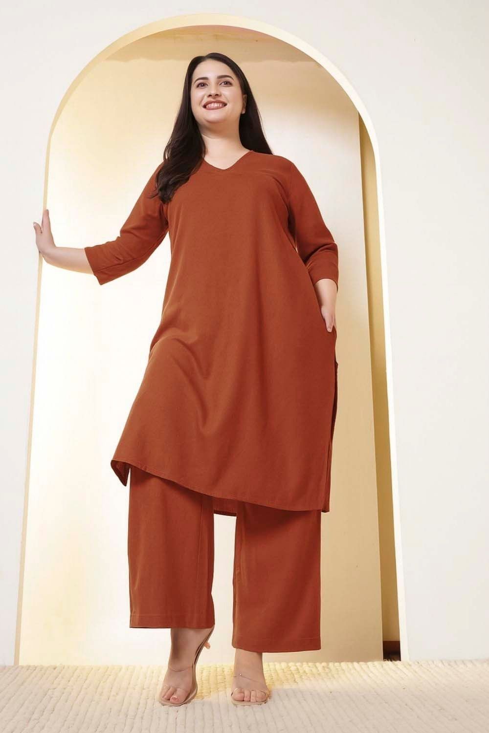 Plus Size Rust Brown Cotton Linen Kurta Coord Set